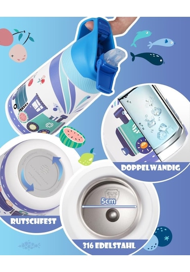 Vagonlife Çelik Pipetli Çocuk Termos Matara 350Ml Mavi