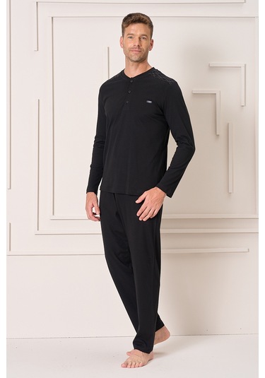 Erkek Pamuk Uzun Kol Pijama Takımı 4102 Siyah Siyah