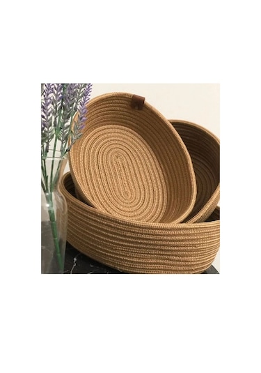 3'lü Oval Hasır Sepet 18 28cm Gold-kahve Altın