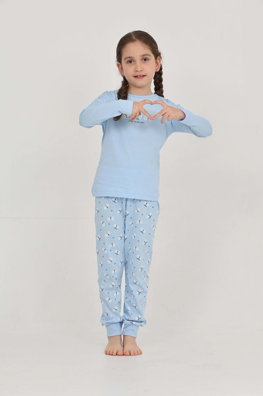 Toontoy Kız Çocuk Kelebek Baskılı Pijama Takım Mavi