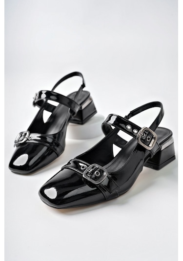 Muggo Yuqi Arkası Açık Küt Burun Çift Kemerli Kadın Günlük Klasik Kısa Topuklu Ayakkabı Sıyahrugan
