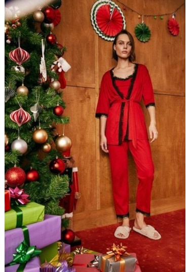 Defacto Fall İn Love Yılbaşı Temalı Wrap Yaka Yarım Kol Kuşaklı Sabahlık B7696ax23wnrd119 Kırmızı