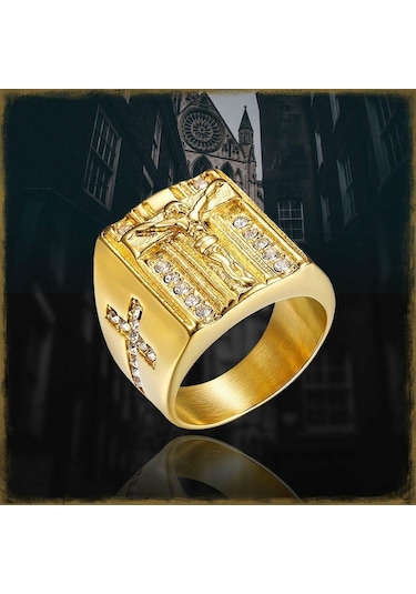 Boyutu 6-15 Altın Paslanmaz Çelik İsa Dua Haç Erkekler İçin Premium Yüzük Altın