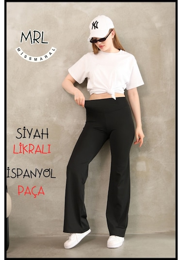 Kadın Siyah Yüksek Bel Toparlayıcı Tayt Pantolon Ispanyol Paça Likralı Esnek Dalgıç Kumaş 1040 SiYAH