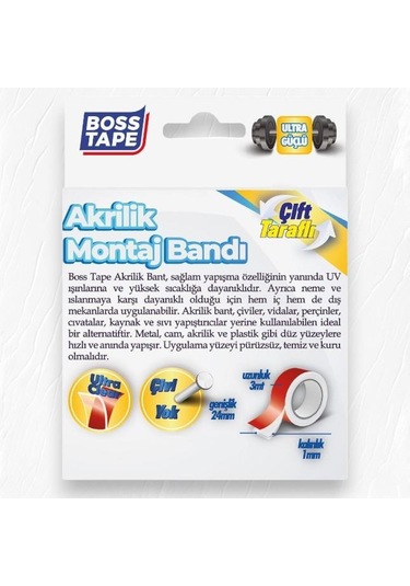 Boss Tape Çift Taraflı Akrilik Montaj Bandı- 18mmx3mt Şeffaf