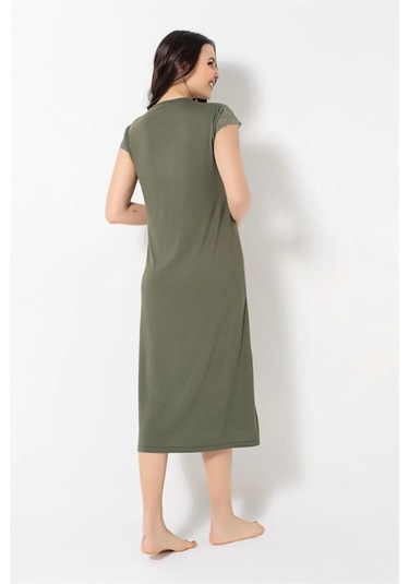 Monamise 18487 Kadın Kısa Kollu Brode Dantelli Gecelik-haki Haki