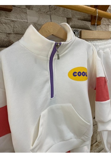 Lacıel Parıs Cool Sloganlı Yakalı Fermuarlı Kız Çocuk Eşofman Takım Beyaz