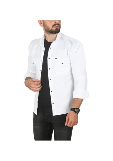 Deepsea Erkek Beyaz Büyük Beden Pamuklu Likralı Spor Gömlek Dar Kalıp, Çıt Çıt Kapamalı 2500423 Beyaz