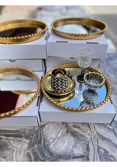 1 Adet Yuvarlak Cam Aynalı Plastik Gold Tepsi Sunum Tepsisi 24cm