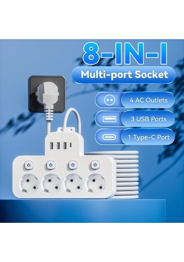 Honeybeeshop Beyaz 1 5m 5ft 4 Standart Eu Prizli 3 Usb A 1 Usb C Portlu Guvenli Priz Kisa 5 10 15 Ayak Uzatma Kablosu Ev Ofis Seyahat Uygun