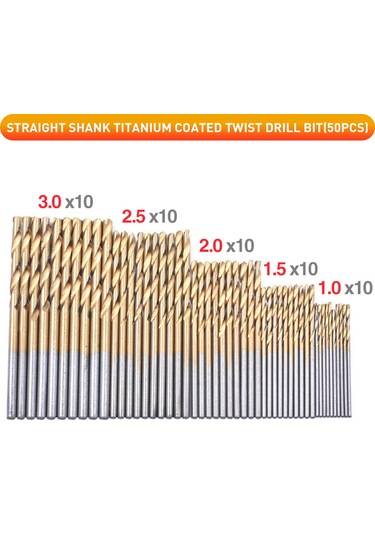 Kangvka 50 Adet Çelik Titanyum Kaplı Düz Saplı Matkap Ucu Seti - 1mm, 1.5mm, 2mm, 2.5mm, 3mm Çapları