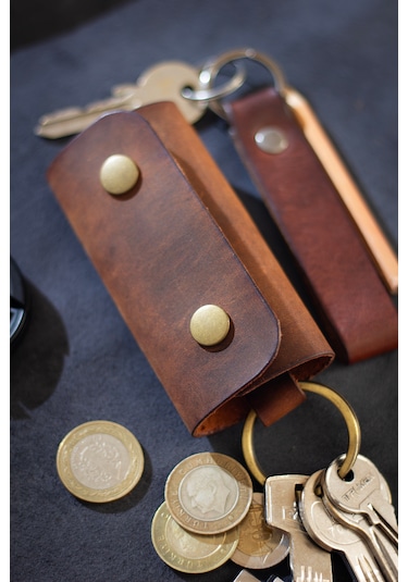 Kişiye İsme Özel İsimli Hakiki Deri Çıtçıtlı Anahtarlık Camel