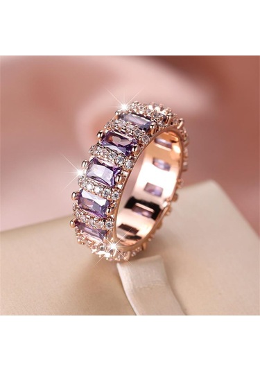 1 Adet Lüks Gül Altın Rengi Mor Zirkon Pençe Yüzükler Nişan Yüzükleri Düğün Band Sevgililer Günü Hediyesi 9 Rose Gold