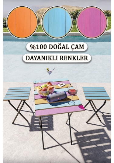 Bino Yükseklik Ayarlı Ahşap Bistro Set Kamp Masası Taburesi 3'lü Set Çok Renkli