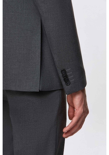 D's Damat Slim Fit Gri Düz Likralı Esnek Mono Yaka Çift Yırtmaçlı Astarlı Takim Elbise Gri