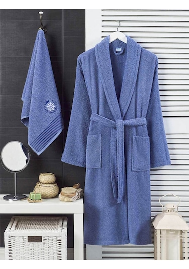 Şalyaka Kadın Erkek Pamuklu Havlulu Banyo Bornoz Takımı Lacivert