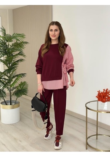 Kadın Gömlek Detay Çizgili Yandan Bağlamalı Ikili Takım Bordo