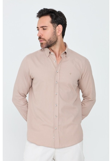 White Stone Açık Kahverengi %100 Pamuk Regular Fit Erkek Uzun Kollu Gömlek A.Kahverengi