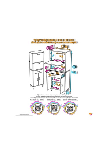 Modilayn Vio 65x163,4x32,5 Cm Yeni Çekmeceli, Kapaklı, Ekmeklikli, Çok Amaçlı Mutfak Dolabı. Beyaz