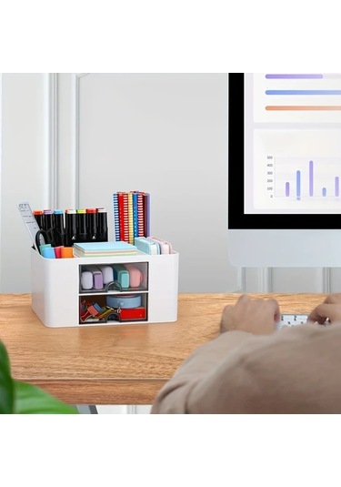 Sunshine011 Mavi 2 Çekmeceli Masaüstü Organizer, Kalem Ve Kozmetik Depolama Kutusu Mavi