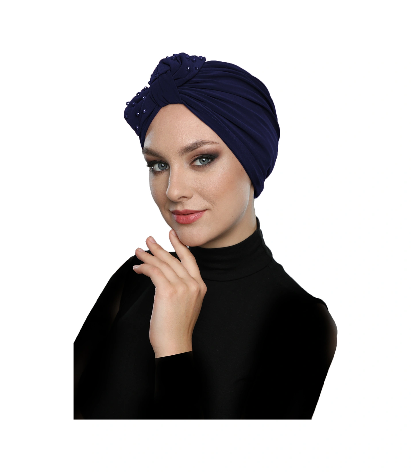 Kristal Yelpaze Taş Işlemeli Çift Taraflı Astarlı Lacivert Hazır Türban Tesettür Abiye Bone Lacivert