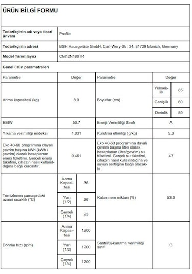Profilo CM12N180TR 1200 Devir 8 KG Çamaşır Makinesi