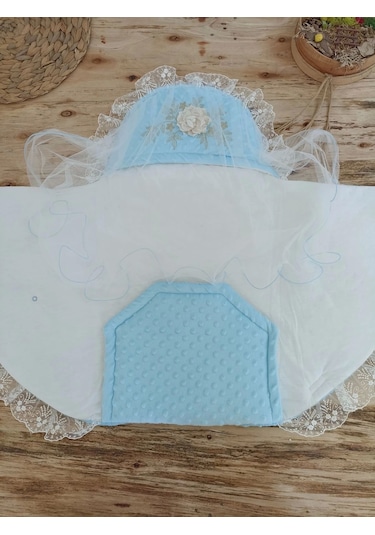 Yenidoğan Topçikli Gül Bahçesi Tül Örtülü Kız Erkek Bebek Klasik Kundak Bebek Battaniyesi Mavi