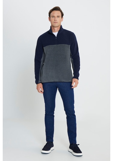 AC&Co / Altınyıldız Classics Erkek Lacı A.melanj Anti-pilling Tüylenme Yapmayan Standart Fit Bato Yaka İçi Polarlı Çift Renk Polar Sweatshirt Lacivert