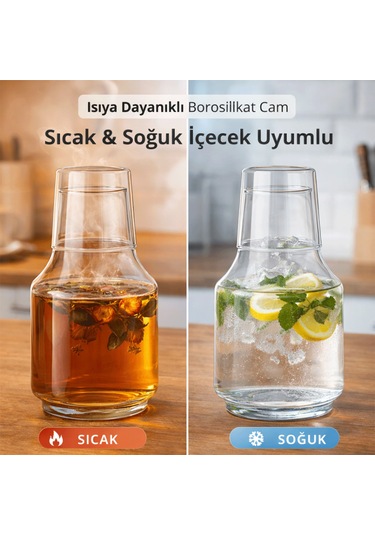 Borosilikat Cam Sürahi, Bardaklı, 1.75 Lt