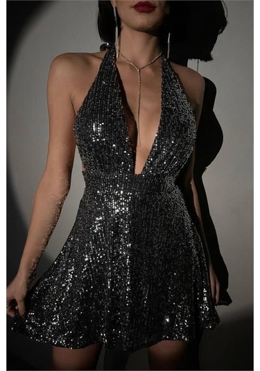 Kadın Gri Halter Yaka Payet Elbise Dpnbdf046 Gri