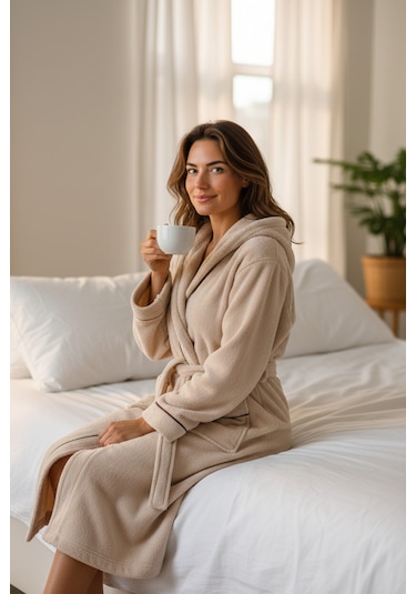 % 100 Pamuklu Laodikeia Kapşonlu Unisex Kadın Erkek Bornoz Bej