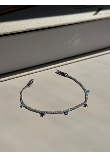 Yıldız Figürlü Mavi Taş Detaylı Gümüş Renk Çelik Bileklik Zarif Kadın Takı Gümüş