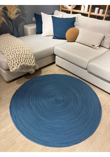 Jüt Yuvarlak Hasır Görünümlü Klasik Halı Kilim Mavi