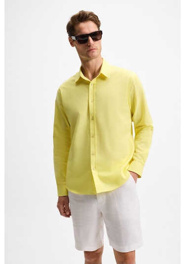 Lasse Erkek Gömlek Yaka Manşetli Uzun Kollu Regular Fit Keten Karışımlı Sarı Gömlek