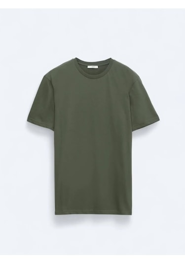 Kip Haki Düz Bisiklet Yaka %100 Pamuk T-shirt Haki