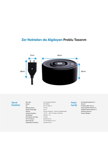 Şımart Akıllı Su Kaçağı Dedektörü Problu, 100db Alarm Sesli, Uygulama Bildirimli Siyah