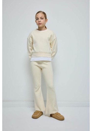 Defacto Kız Çocuk Flare Fit İspanyol Paça Basic Düz Triko Pantolon A6029A824WNER233 Ekru