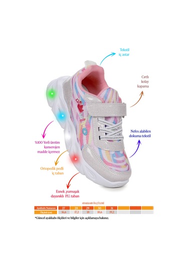 Kiko Kids Teno Cırtlı Işıklı Kız Çocuk Spor Ayakkabı Beyaz Beyaz