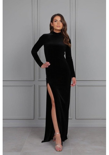 Kadın Uzun Kollu Yarım Balıkçı Yaka Derin Yırtmaç Detay Krep Tam Boy Elbise Siyah