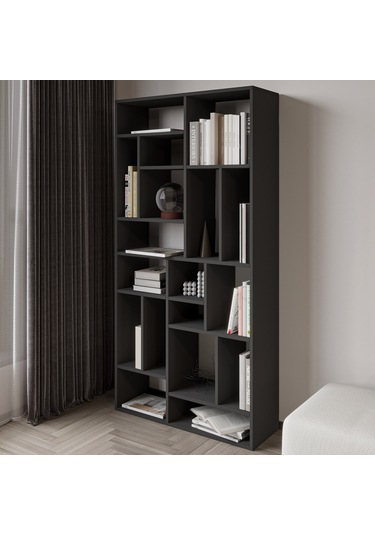 Nicola Kitaplık 18 Raflı, Modern Kütüphane Antrasit