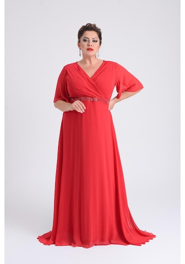 Lilas Xxl Kadın Büyük Beden Uzun Şifon Abiye Elbise 9510 Kırmızı Kırmızı