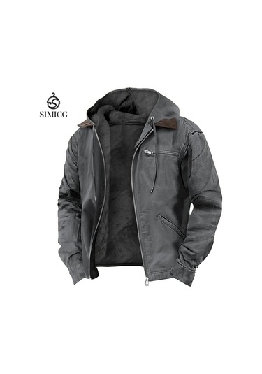 Düz Renk Kapüşonlu Pamuklu Günlük Erkek Giyim Artı Kadife Fermuarlı Cepli Ceket Gri