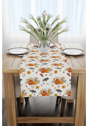 Turuncu Halloween Balkabağı Desenli Dijital Baskılı Runner Cgh750