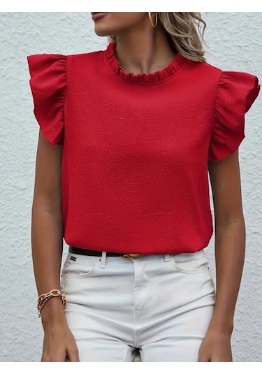 Kadın Kısa Kollu Fırfır Yakalı Bürümcük Bluz Kırmızı