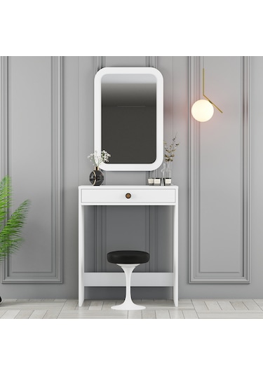 Lizbon Mini Makyaj Masası Aynalı - Beyaz / Beyaz