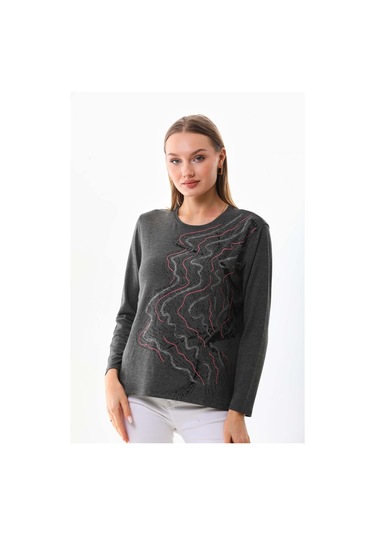 Sistas Kadın Desenli Bisiklet Yaka Uzun Kollu Bluz 23636 Antrasit