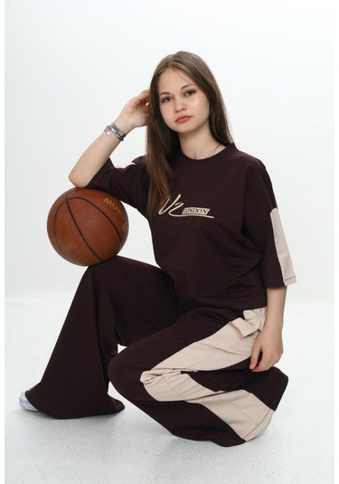 Kız Çocuk %100 Pamuk London Baskılı Oversize Garnili Truvakal Kollu Eşofman Takımı-293-eşt-0010 Kahverengi