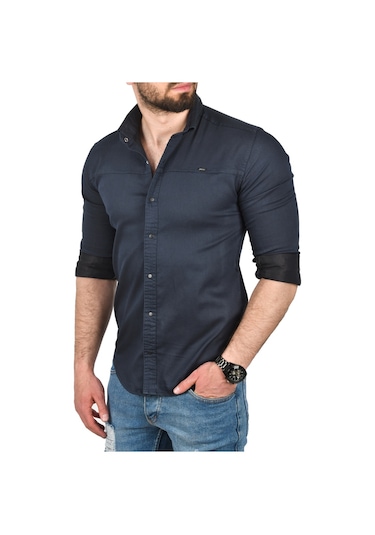 Deepsea Erkek Lacivert Slim Fit Pamuklu Kot Gömlek Kolay Ütülenebilir Çıt Çıtlı Likralı Spor Gömlek 2502504 Lacivert