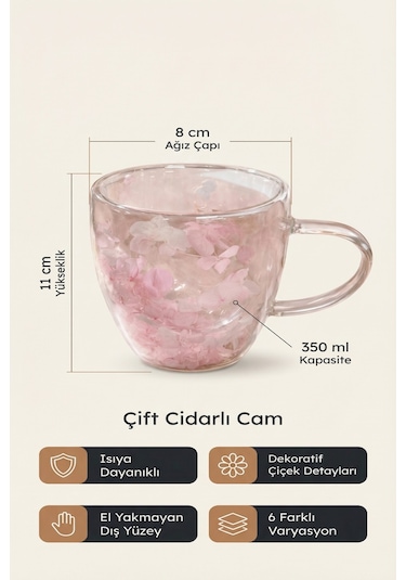 Makri Home Pembe Beyaz Çiçekli Çift Cidarlı Cam Kupa, 350 Ml, 11 Cm X 8 Cm Çok Renkli
