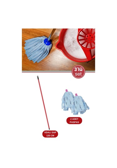 Standart Mop Temizlik Kovalarıyla Uyumlu Sap Ve Paspas Seti, 120cm Vidalı Metal Sap + 2 Adet Paspas